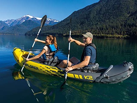 Intex Explorer K2 Tandem Kayak on a calm lake with mountain views